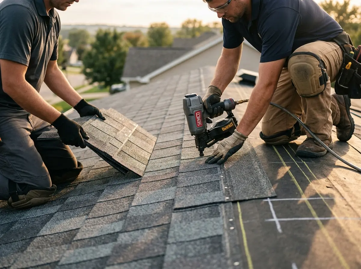 Professional roofer working on a residential roof in Three Lakes